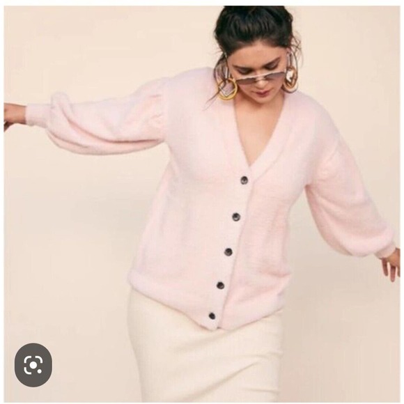 LPA Mercy Fuzzy Balloon Sleeve Cardigan Sweater Womens Size XXS‎ Pink Button Up - Picture 1 of 13